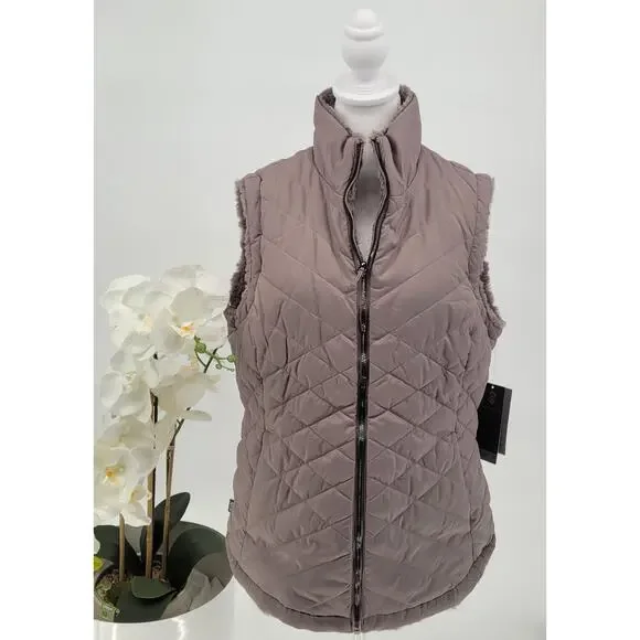 NWT Free Country Taupe Quilted Faux Fur Reversible Zip Puffer Vest Size L - Picture 2 of 13